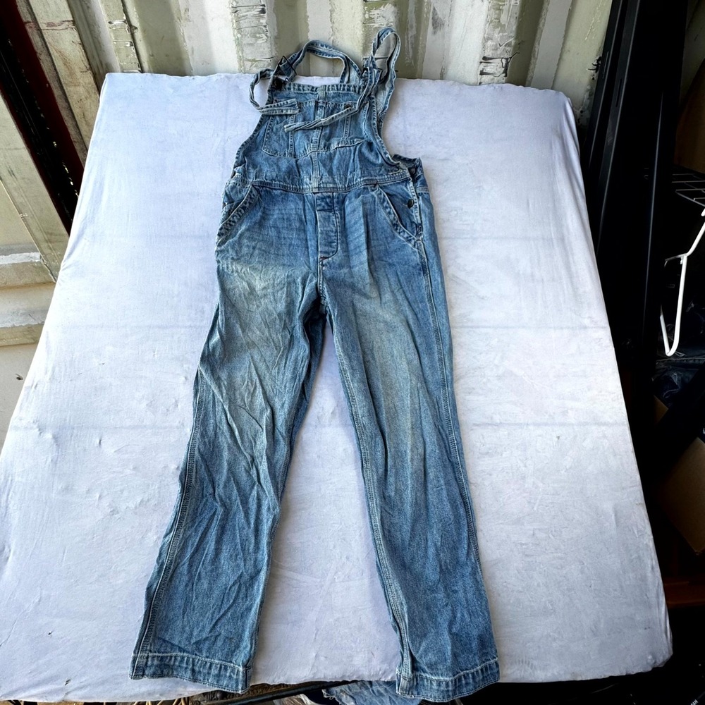 Free People We The Free Good Luck Barrel Overalls Women 28 Blue Denim Bib Pocket